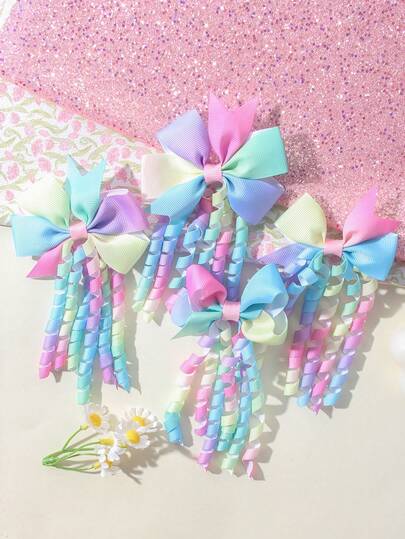 2Pcs/Set 2pcs Tie - Dye Colored Rainbow Korker Hair Bows For Baby Girls Ombre Curly Korker Bow Alligator Clips Delicate Elegant Hair Clips Toddler Girl Bows Barrettes Kids Baby Hair Accessories