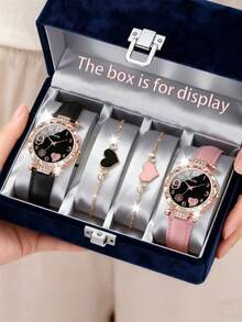 4 件女孩简约数字表盘石英腕表 + 心形手链，返校礼物 - 彩色 - 查看 6