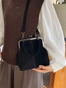 1 Stück Retro Kunstleder Umhängetasche, Vintage-Stil Damen Mini-Handtasche mit Kussschloss und verstellbarem Schultergurt, einfarbige leichte City-Tragetasche, Polyesterfutter, unisex - Schwarz - Übersicht 4