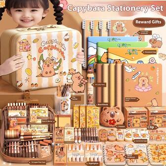 1 Set Of Capybara Stationery Set, 14 Inch Suitcase, Storage Box, Pencil Case, Brown Pencil Case, Cute Notebook Set, Highlighter Stickers Note, Erasable Blue Pen Correction, With Pen Holder, Brooch Set, Gift Stationery, Back To School Gifts