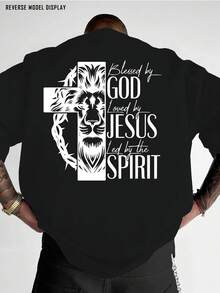 Men's Christian Religious Pattern T-Shirt - Bold Print On Back "God Bless - Jesus Praises - Holy Spirit Loves", Red Crew Neck Shirt, Suitable For Church, Casual Outfits, Machine Washable Gift, Street Fashion, Lion Face Design, Breathable Fabric, Comfortable Fit, Faith Clothing, Lightweight Short Sleeve Top, Street Style Enthusiasts - Unisex Plus Size Top - 黑色 - 查看 1