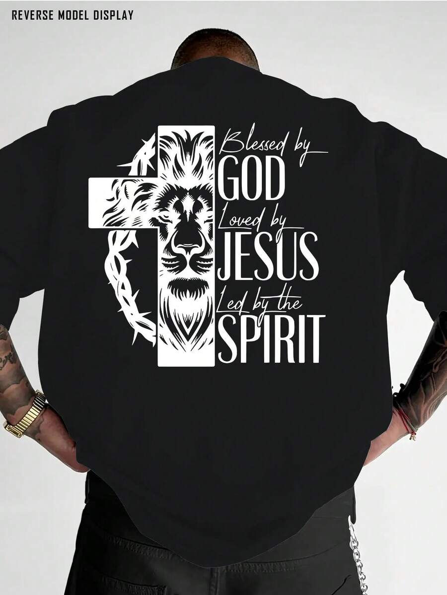 Men's Christian Religious Pattern T-Shirt - Bold Print On Back "God Bless - Jesus Praises - Holy Spirit Loves", Red Crew Neck Shirt, Suitable For Church, Casual Outfits, Machine Washable Gift, Street Fashion, Lion Face Design, Breathable Fabric, Comfortable Fit, Faith Clothing, Lightweight Short Sleeve Top, Street Style Enthusiasts - Unisex Plus Size Top - 黑色 - 查看 1