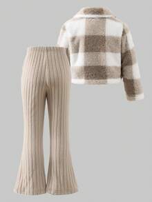 3pcs/Set Girls Solid Ribbed Fitted Set + Plaid Faux Fur Collar Jacket, Winter - Apricot - View 2