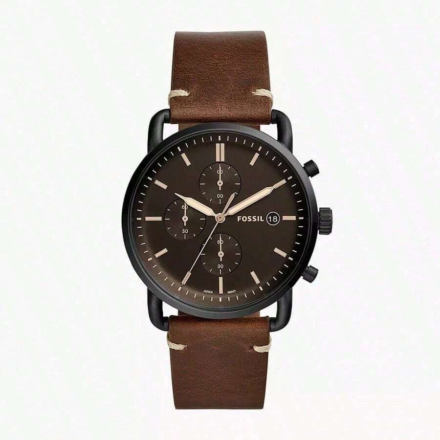 Fossil 通勤计时码表黑色表盘棕色皮革表带男士手表 FS5403 - 咖啡棕 - 查看 1