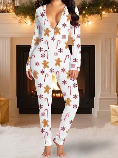 Beauace Women's Long Sleeve Jumpsuit Pajamas V Neck Christmas Themed Print Bodysuit Sleepwear With Drop Seat Butt Flap