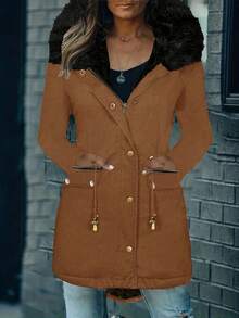 Women's Color Block Drawstring Waist Fur Trim Hooded Padded Coat, Autumn/Winter - Brown - View 3
