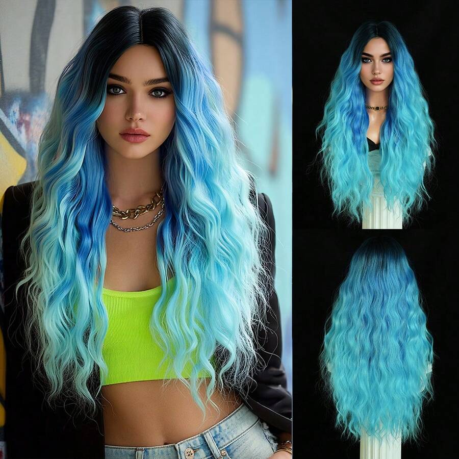 PIAOYUN Halloween Costume Wig Combined With Long Wavy Curly Blue Wigs For Women Natural Dark Roots Synthetic Wig Daily Use Heat-Resistant Party Wig