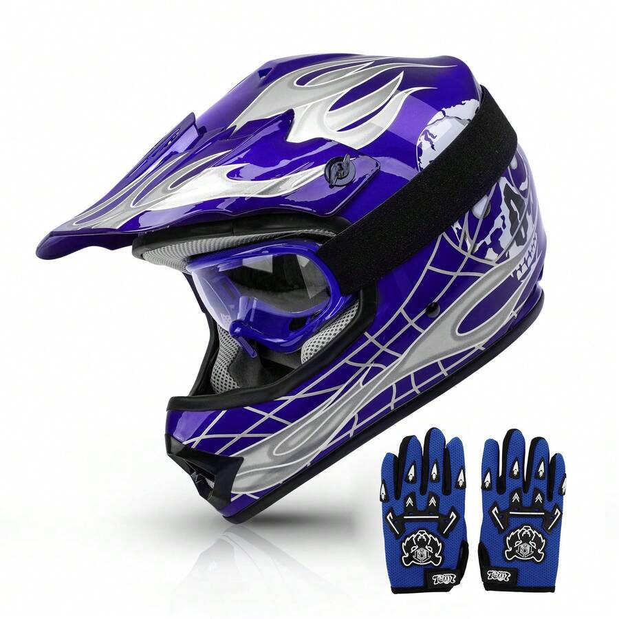 TCMT Dot Youth Motorcycle Off-Road Helmet Full Face Motocross Street Dirt Bike Mountain Bike BMX MX ATV Helmet+Goggles+Gloves - Màu xanh lam - Xem 1