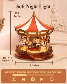 Robotime Rolife Carousel Theme 3D Wooden Music Box - DIY Model Assembly Kit With Music And LED Lights, 265 Pieces, Adult & Teen Home Decor Craft Kit, Christmas Gift - Multicolor - View 6