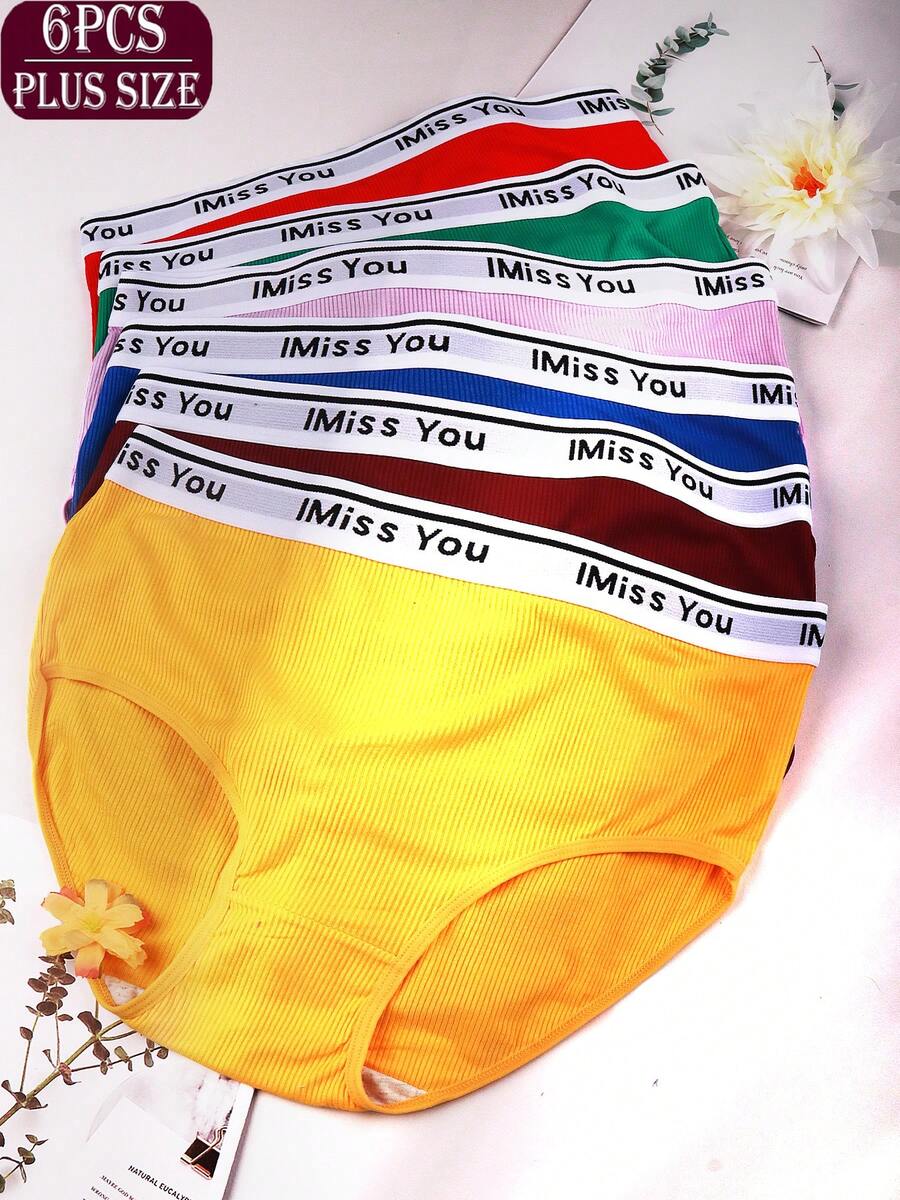 Women's Plus Size Letter Ribbed Seamless Underwear Set 6 Pack, Comfortable Breathable Loose Fit Panties For Daily Wear, Spring Summer Essential,Plus Size Summer - Nhiều màu - Xem 1