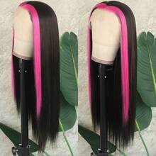 13X4 Pink & Brown Lace Front Wigs Pre Plucked Soft Free Part Long Straight Wigs Glueless Pink Skunk Stripe Wig Wear And Go Wig Heat Resistant Fiber Hair Synthetic Lace Front Wigs For Fashion Women For Daily Christmas Party Cosplay Use - 挑染紅色 - 查看 5
