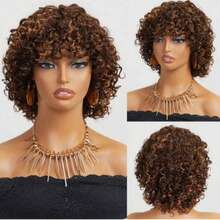 短卷发假发，带刘海，真人发，无需胶水，女士巴西短款精灵波波头假发，带刘海