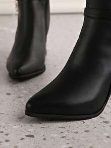 秋冬新款尖头女式粗高跟时尚靴子，英伦风踝靴 - 黑色 - 查看 8