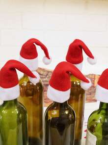 3PCS/5PCS/10pcs Mini Santa Hats For Christmas Tableware & Wine Bottle Decorations - Festive Red & White Holiday Party Accessories With Pom-Poms, Christmas Accessories, Perfect For Winter, New Year