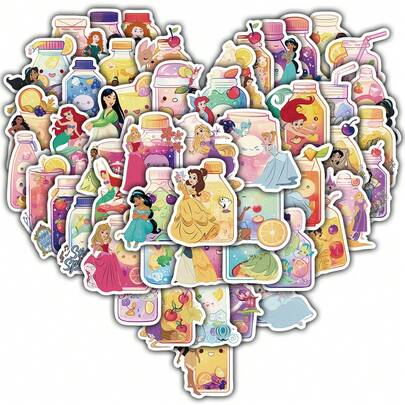 Disney 50PCS Princess Transparent Stickers Living Gift Skateboard Stationery Laptop Luggage Skateboard Art Community Dormitory
