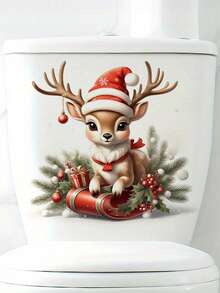 1 pieza Adorable pegatina de reno navideño - Decoración festiva para baño, inodoro y pared con gorro de Papá Noel, regalos y acentos de acebo, calcomanía de plástico autoadhesiva para decoración del hogar, decoraciones navideñas, pegatinas de pared