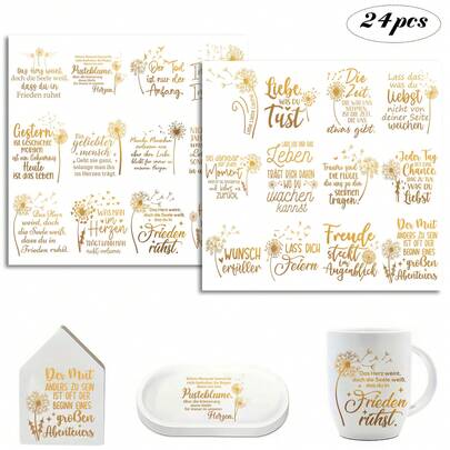 24PCS Golden Dandelion Theme UV Dtf Rub Ons Transfer Stickerfor Libbey Glass Cups - German Quote Waterproof, Adhesive, Easy To Apply - Perfect For Glassware, Bottles, And Furniture DIY Decoration Easy Apply DIY Home & Life Inspired