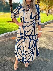 Women's New Arrival Bestselling All-Season Fashion Elegant Black Figure Print Loose Long Dress - Blue Apricot - View 1