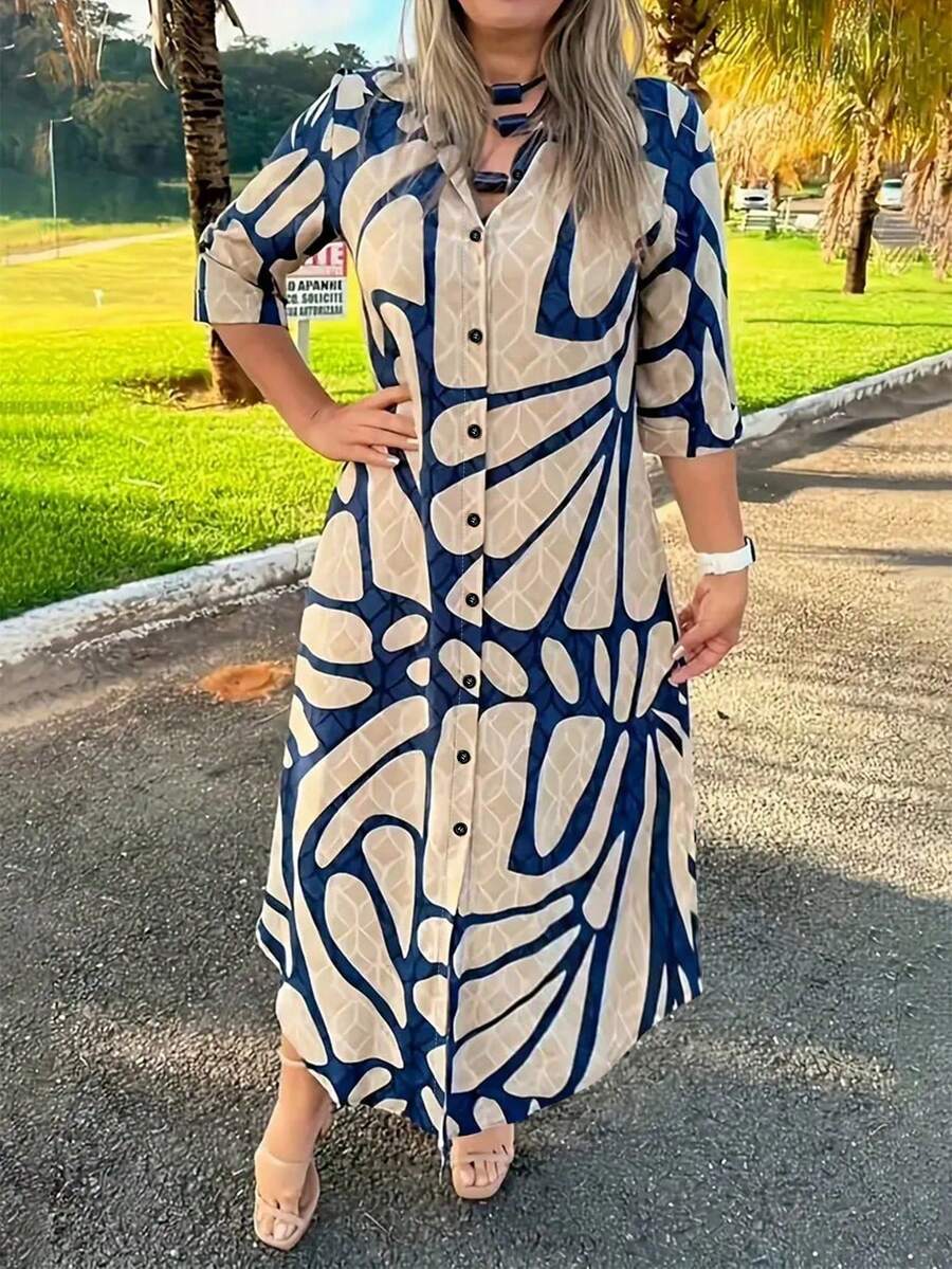 Women's New Arrival Bestselling All-Season Fashion Elegant Black Figure Print Loose Long Dress - Blue Apricot - View 1