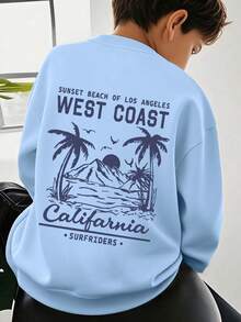 Sudadera de cuello redondo de manga larga con estampado de árbol y mar en estilo casual para niños preadolescentes, ropa de estudiante para otoño e invierno - Celeste - Ver 10