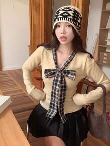 Korean Style 2 In 1 Apricot Knit Cardigan, Plaid Bow Decor Sweater Jacket, Suitable For Winter, Christmas, Spring Festival New Year - Apricot - View 4