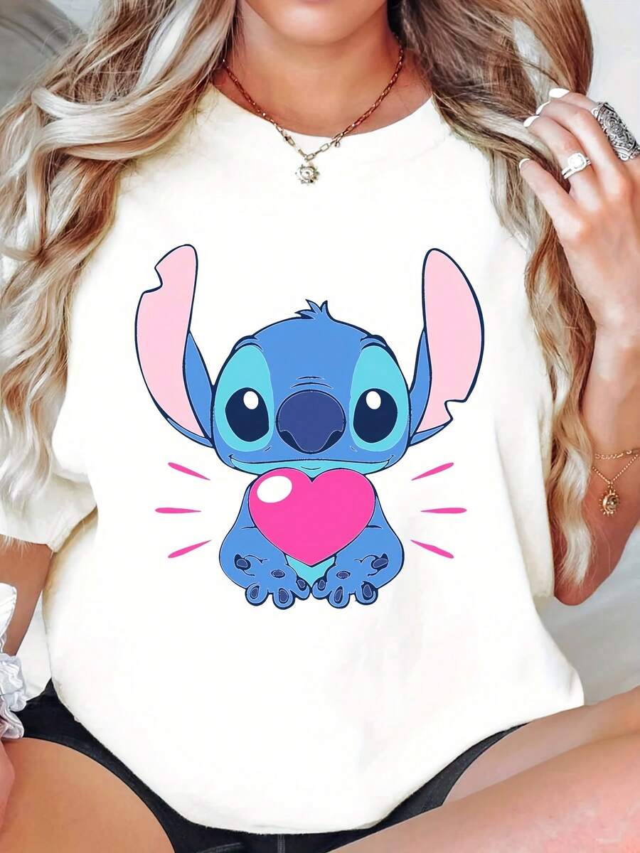 Autumn Women's Disney Stitch T-Shirt, Stitch Casual Women's Short-Sleeved Cartoon Fashionable Crew Neck Top, Perfect For Birthdays, Halloween, Thanksgiving, Christmas, Parties, And Amusement Parks (S-5XL) - trắng - Xem 1