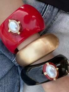 3pcs Vintage Style Valentine's Day Carnival Holiday Red & Black Wide Asymmetrical Resin Bracelets With Pearl Decor, Brushed Gold Bracelets, Women's Fashion Jewelry, Best Gift Choice For Eid, Perfect Gift For Mom, Daughter, Sister Or Girlfriend On Valentine's Day, Birthday, Christmas And Anniversary - Multicolor - View 4
