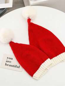 1pc Christmas Holiday Costume Hat, Christmas Santa Claus Costume Hat, Holiday Celebration Pom Pom Knit Beanie, Christmas Hat, Red Santa Hat, Autumn/Winter Warm Hat, Knit Brimless Portable Hat, Versatile Cap