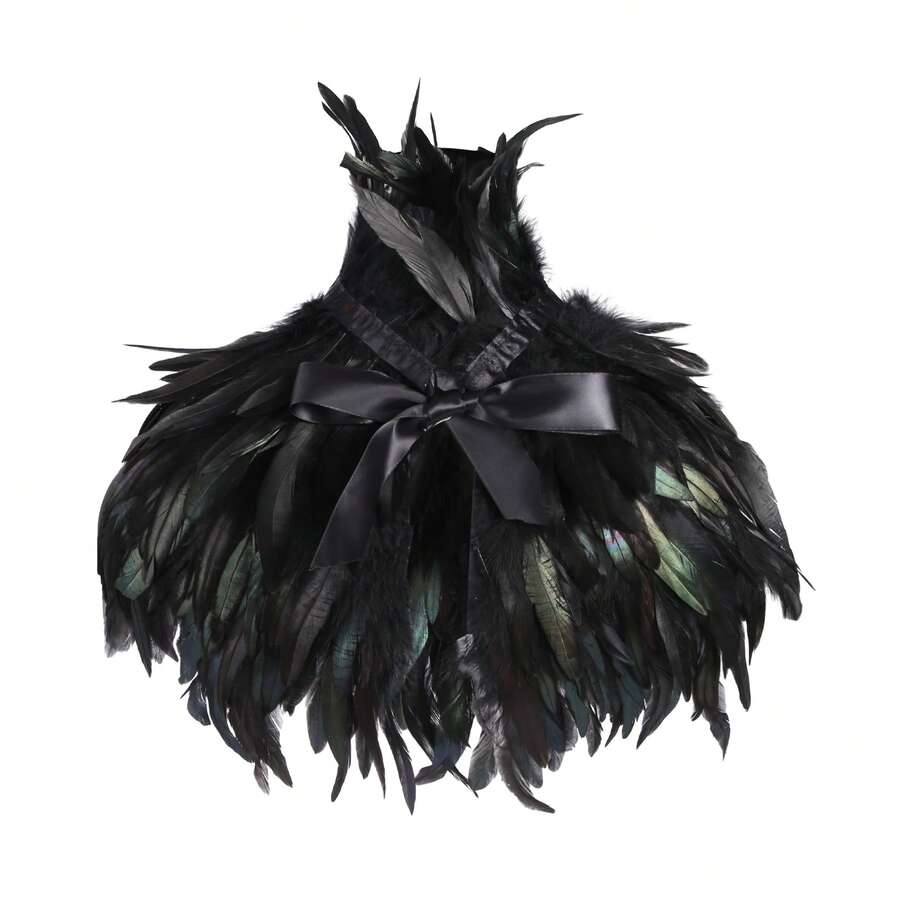 Women Feather Cape, Colorful Gothic Cape Feather Shawl Costume For Halloween Cosplay Party - 黑色 - 查看 1