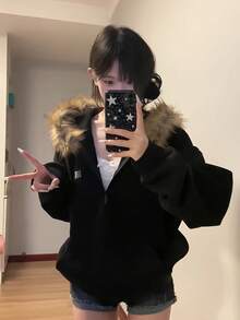 Women's Winter Faux Fur Hooded Coat - Black, Windproof, Durable With Pockets, Thick Polyester Knit, Harajuku Style, Zip-Up Front, Long Sleeves, Comfortable For Cold Weather, Casual Work Coat, Sleek Modern Jacket With Functional Pockets, Winter Coat