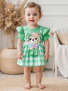 Baby Girl Summer Clothes Bear Short Sleeve Romper Dress Plaid One-Piece Bodysuit With Headband Infant Girl Outfit - màu xanh lá - Xem 5