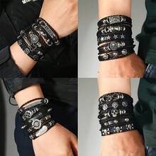 10/20/30Pcs Punk Hip Hop Style Faux Leather Bracelets Set Multi-Layer Skull Cross Star Halloween Chic Infinity Symbol Design Vintage Black For Teen And Gifts Thanksgiving Father's Day Graduation Creative Metal Dots Fashion Jewelry - Đen - 20 chiếc - Xem 2