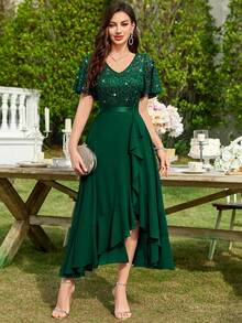 MIUSOL Elegant Women's V Neck Sequin Lace Bodice Dark Green A-Line Midi Dress With Flutter Sleeves, Ruffle Flowy High Low Hem, For Formal Prom Gown, Wedding Guest, Evening Party, Cocktail, Dinner - 墨綠色 - 查看 3
