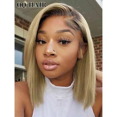 OQ Tóc giả ren phía trước trong suốt 13x4, kiểu tóc bob thẳng màu ombre nâu sang vàng, mật độ tóc 180%, tóc giả làm từ tóc thật dài 10-14 inch, ren thoáng khí, giao hàng nhanh, thích hợp làm quà tặng, đám cưới, Giáng sinh, cosplay, Halloween, du lịch, phong cách Y2K, kiểu tóc thời thượng, ngày lễ và kỳ nghỉ.