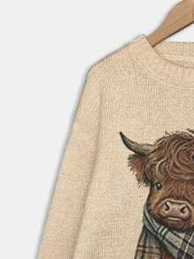 Women's Cartoon Cow Print Round Neck Sweater, Casual Long Sleeve Crew Neck Jumper For Fall & Winter, Fashion Women's Knitwear For Daily Wear, Tops