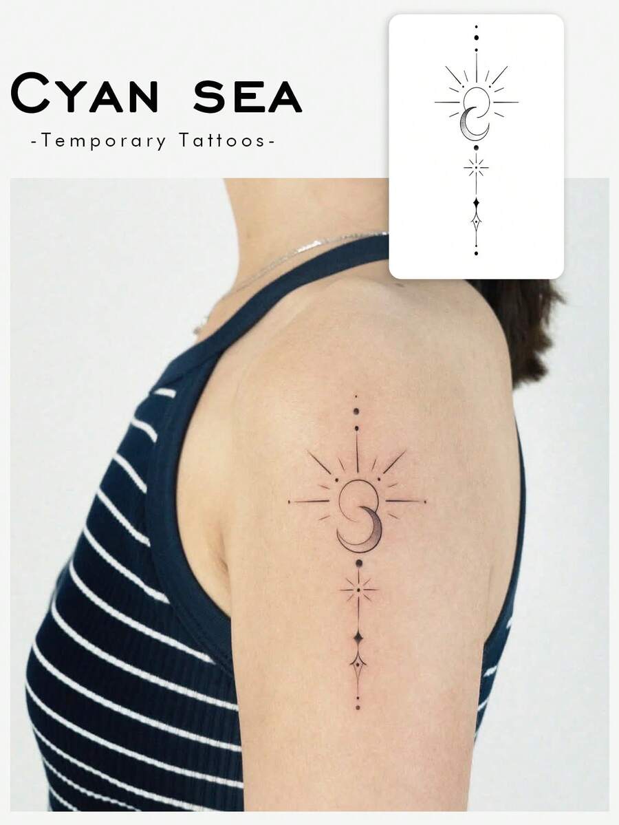 1 pièce de tatouage temporaire, style Y2K avec motif géométrique soleil et lune, motif de chaîne, imperméable et anti-transpiration, lavable, tatouage de simulation pour bras et épaules, convient aux personnes à la mode - Noir - Voir 1