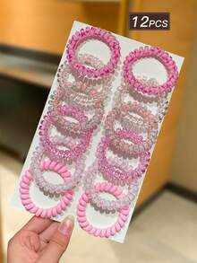 12个粉色螺旋发圈，高弹力发圈，甜美可爱风格，女士发饰，适合日常休闲和户外活动，也可用作学习用品、发饰、女性配饰、发绳马尾辫头饰橡皮筋 - 粉色 - 查看 6