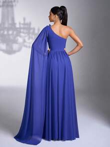 AOSHABABI 上衣绉纱雪纺长款晚礼服，不对称肩部搭配手工 3D 花卉装饰，+ 飘逸垂坠袖，高腰喇叭裙设计，适合所有正式场合、音乐节、联欢晚会、婚礼宾客、节日派对、毕业舞会、鸡尾酒会、约会、度假和伴娘礼服 - 藍色 - 查看 6