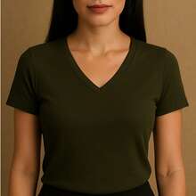 Kit Of 4 Basic V-Neck Short Sleeve Ribbed Blouses - Military Green, Brown, Wine, White - View 2