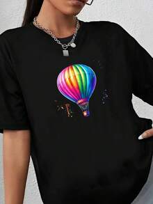 180g pure Cotton Mongolfiera , Design di sublimazione,  al neon colorato,  di avventura,  di viaggio,  alla moda, Design di t-shirt,  di download digitale, DTF streetwear Casual Soft designer clothes Summer fashion Stylish T-Shirt For Women Casual - Negro - Ver 1