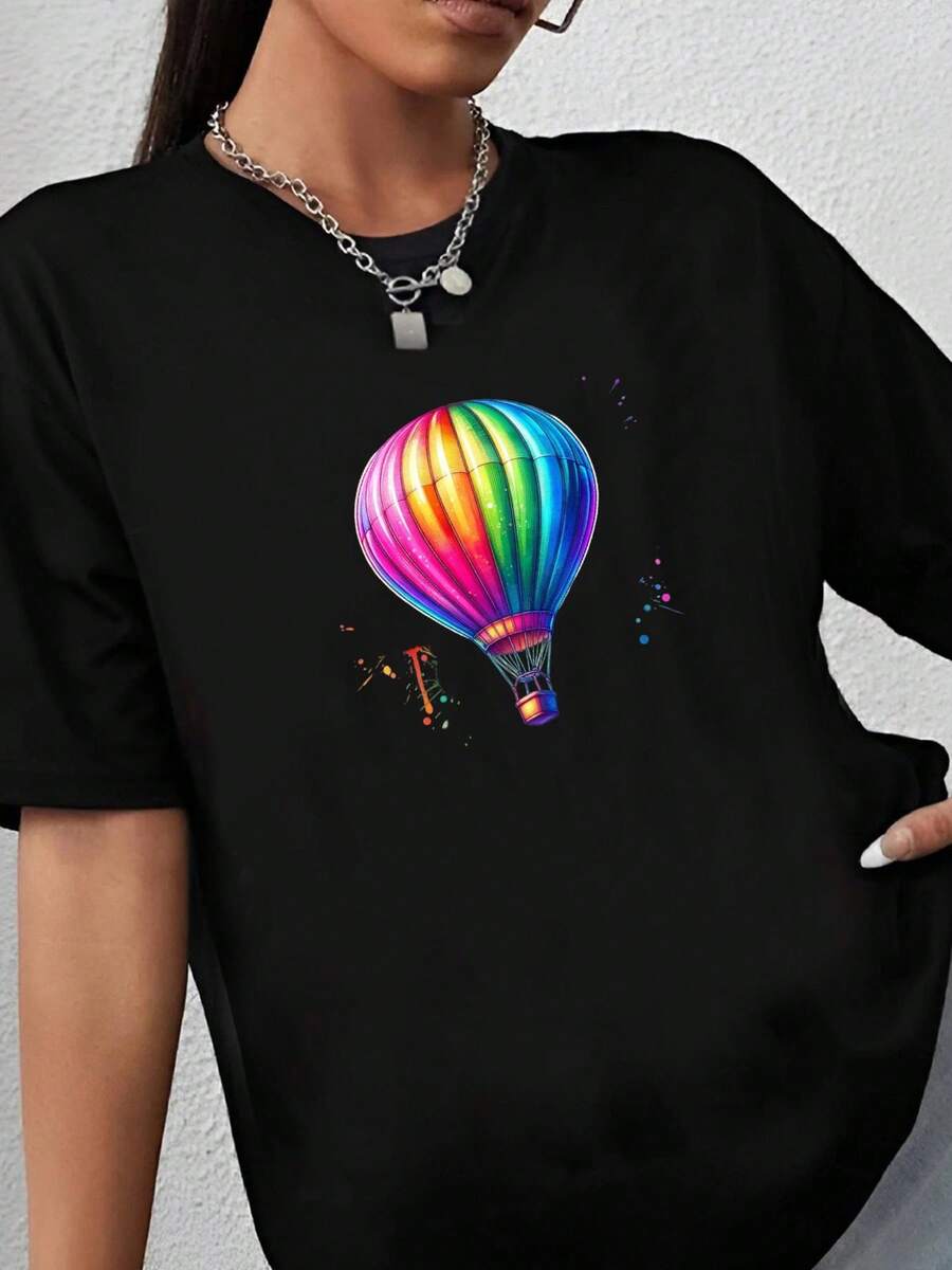 180g pure Cotton Mongolfiera , Design di sublimazione,  al neon colorato,  di avventura,  di viaggio,  alla moda, Design di t-shirt,  di download digitale, DTF streetwear Casual Soft designer clothes Summer fashion Stylish T-Shirt For Women Casual - Negro - Ver 1