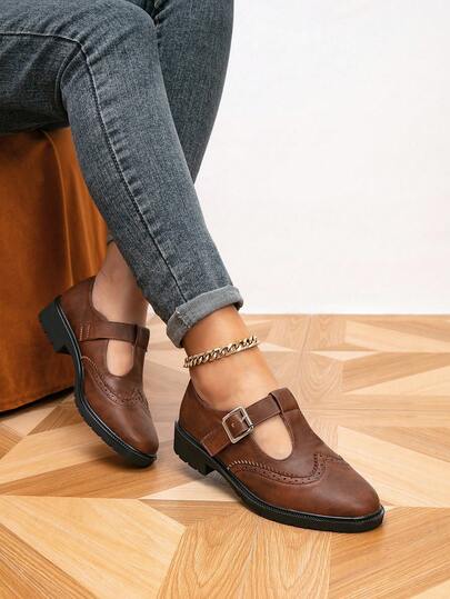 Giày Oxford Thu/Đông Nữ, Giày bệt Mary Jane, Giày Brogue Cổ Điển Thường Ngày Khoét Hở Mũi Tròn, Giày Đi Chơi Ngoài Trời