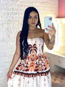 Long Strapless Dress Printed With Elastex Crepe Fabric Summer Beach Non-Wrinkle Fabric - màu nâu - Xem 2