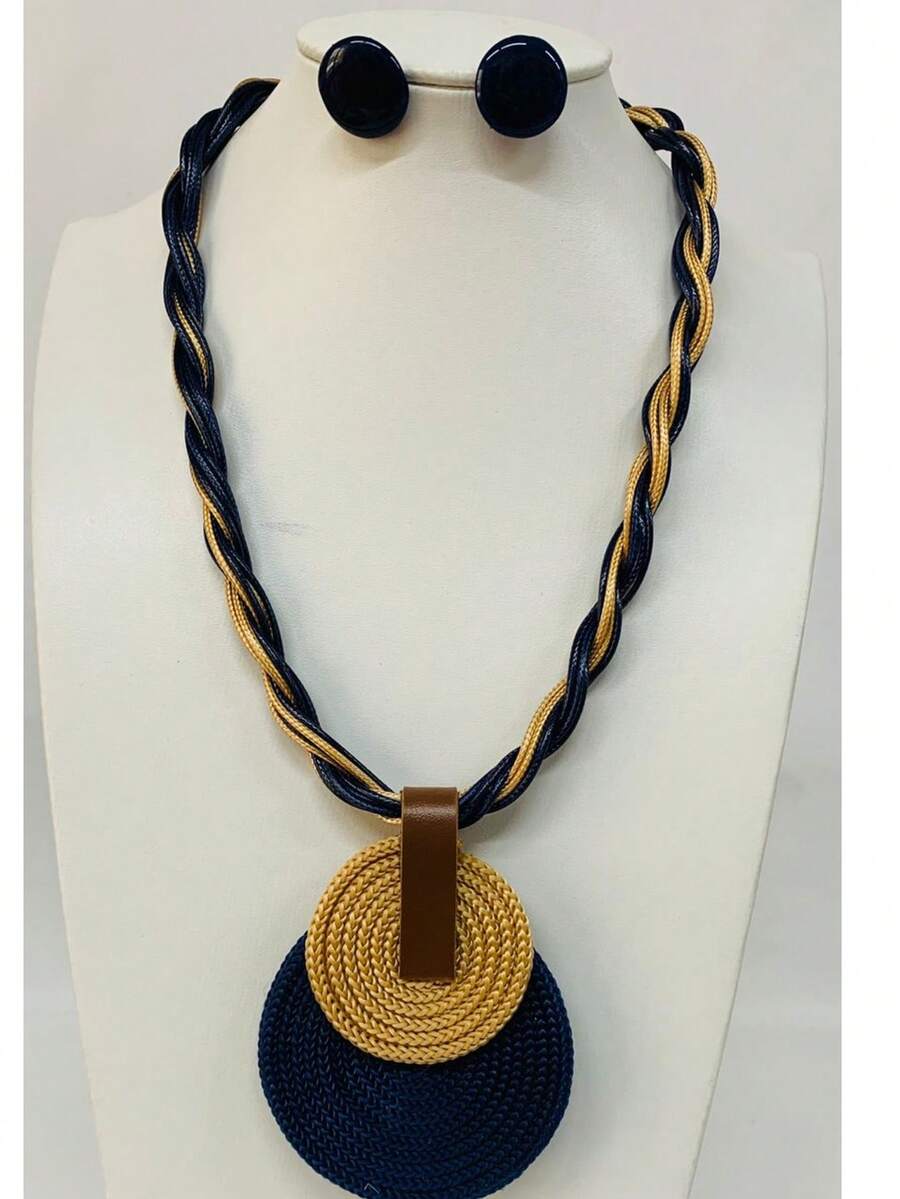 Braided Wire Necklace Set With Double Pendant + Resin Button Earrings – Sophistication In Every Detail. - Navy Blue - View 1