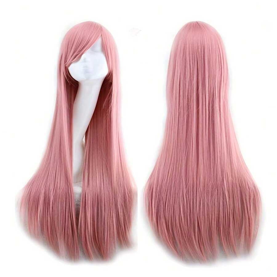 Parrucca dritta lunga 32 pollici in capelli sintetici resistenti al calore, con frangia, colore rosa chiaro, adatta per cosplay, Ognissanti, feste e festival musicali