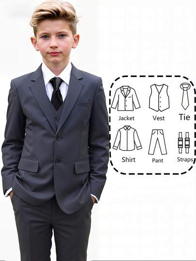 6pcs Boys Formal Suit Set, Toddler Tuxedo Outfit, Ring Bearer Suit, Wedding Suit Jacket, Vest, Pants, Shirt, Tie, Formal Children Suit, Dark Grey, Size 4-16 Years