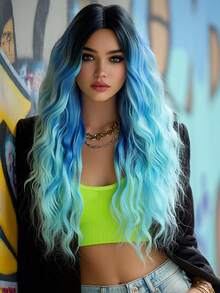 PIAOYUN Halloween Costume Wig Combined With Long Wavy Curly Blue Wigs For Women Natural Dark Roots Synthetic Wig Daily Use Heat-Resistant Party Wig