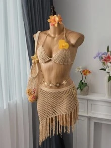 Bellisia Conjunto de xale de crochê dourado feminino para resort, praia para férias de verão