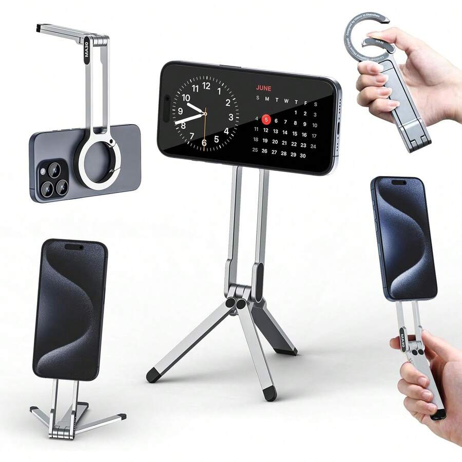 磁吸手机三脚架 - 铝合金磁吸迷你智能手机三脚架口袋手机支架强力磁铁快速安装兼容iOS安卓系统兼容、安卓手机，生日礼物、送给家人、朋友的礼物生日手机支架手机配件强力承重 - 銀色 - 查看 1