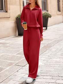 Women's 2 Piece Outfits Casual Lapel Half Zip Sweatshirts And Wide Leg Pants Tracksuit Sets Vacation Spring  Fall Outfits For Women - 酒紅色 - 查看 4